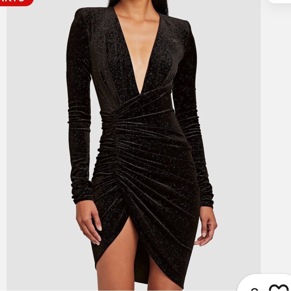 Alexandre Vauthier Black Glitter Velvet Deep V-Neck Gathered Mini Dress Size 38